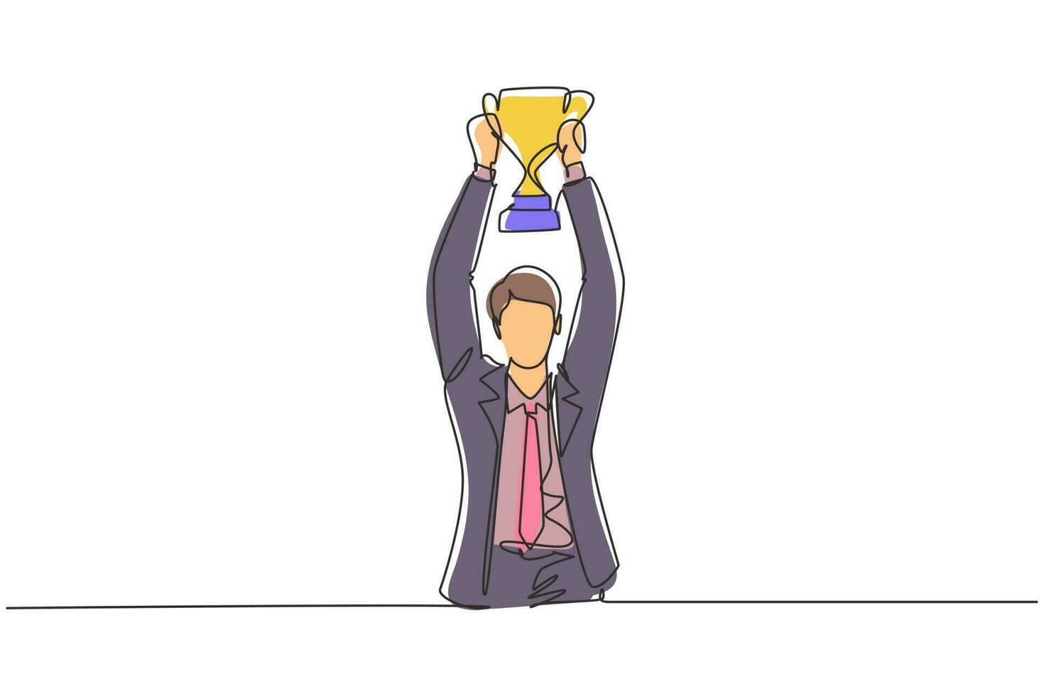Continuous one line drawing young businessman wearing suit tie holding up golden trophy with both hands. Symbol of achievement business performance. Single line draw design vector graphic illustration