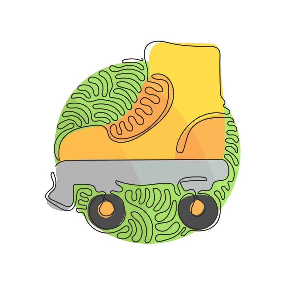 Single one line drawing old retro plastic quad roller skate shoes. Trendy vintage classic sport concept. Swirl curl circle background style. Continuous line draw design graphic vector illustration
