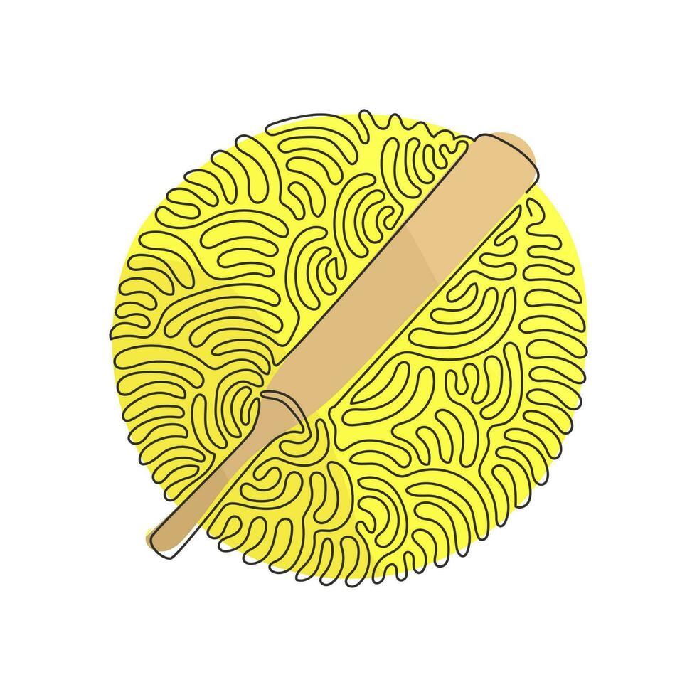 Continuous one line drawing traditional wood cricket bats. Wooden bat, game of cricket, sports equipment for cricket. Swirl curl circle background style. Single line design vector graphic illustration
