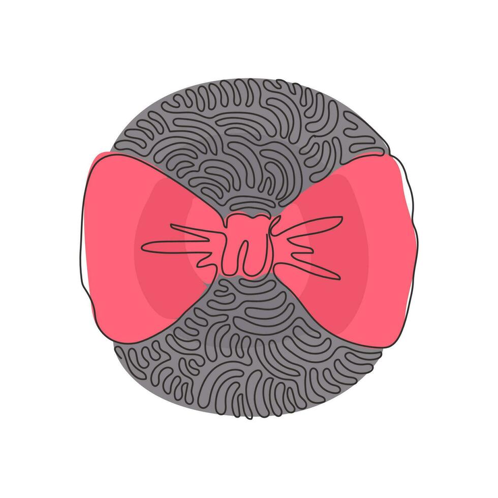 Continuous one line drawing stylish bow tie icon. Realistic formal wear for official event. Elegant clothes object. Swirl curl circle background style. Single line draw design vector illustration