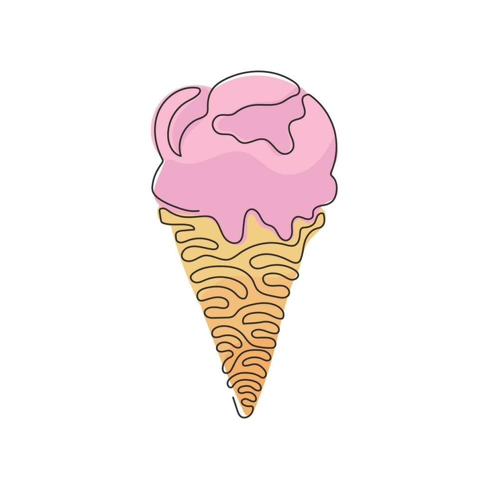 Single continuous line drawing delicious ice creams in crispy cone waffles. Tasty sweet ice-cream. Cold summer desserts. Swirl curl style. Dynamic one line draw graphic design vector illustration