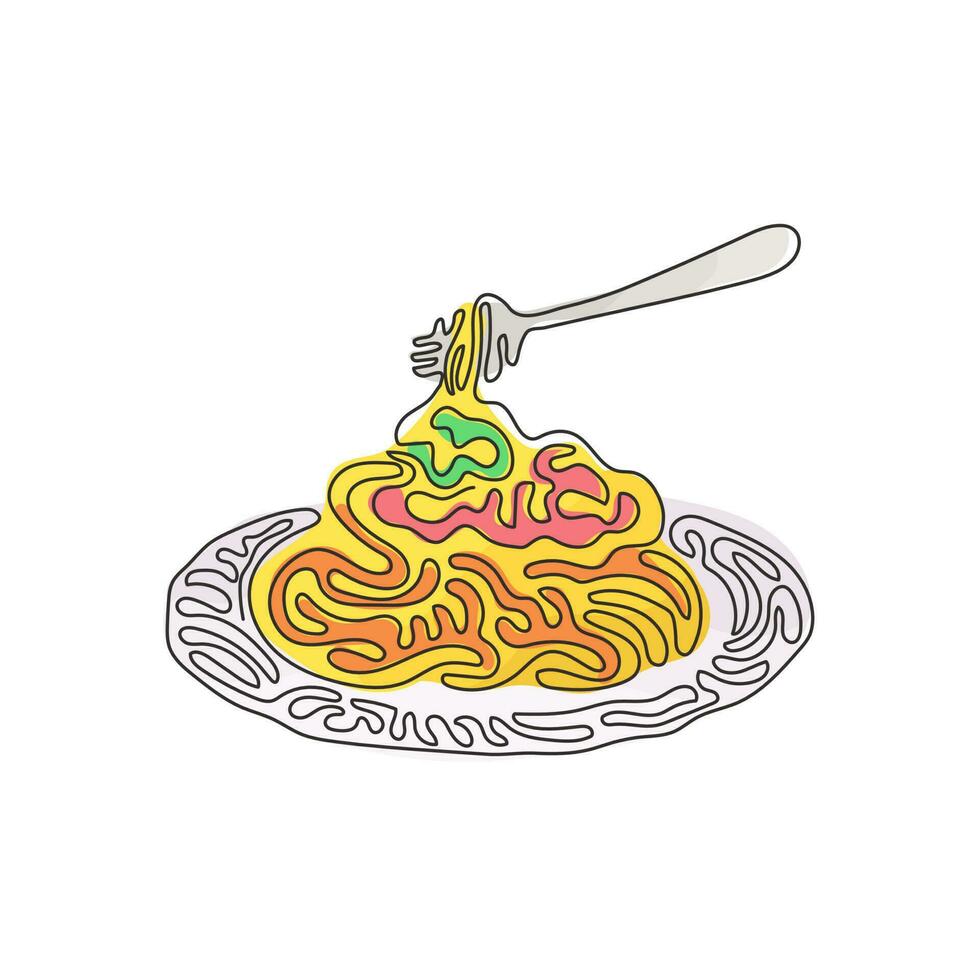 Continuous one line drawing spaghetti bolognese with fork on plate. Classic Italian pasta dish for lunch. Delicious meal at home. Swirl curl style. Single line draw design vector graphic illustration