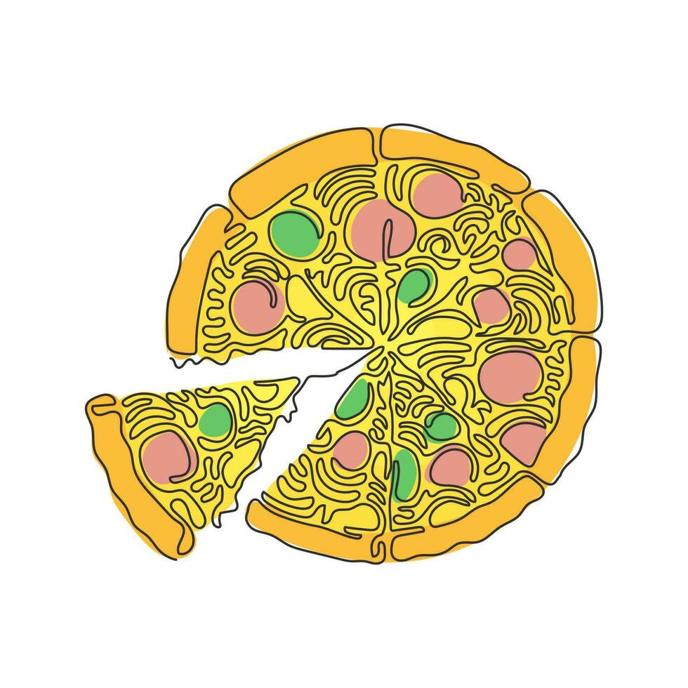 pizza continua de dibujo de una línea con tomate, queso, aceituna, salchicha, cebolla, albahaca. deliciosa comida rápida tradicional italiana. estilo de rizo de remolino. ilustración gráfica de vector de diseño de dibujo de una sola línea