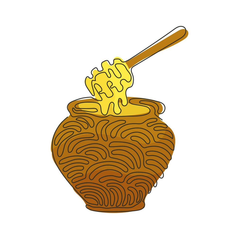 Continuous one line drawing glass pot full of honey and wooden honey dipper. Healthy food supplement for human body. Swirl curl style. Single line draw design vector graphic illustration