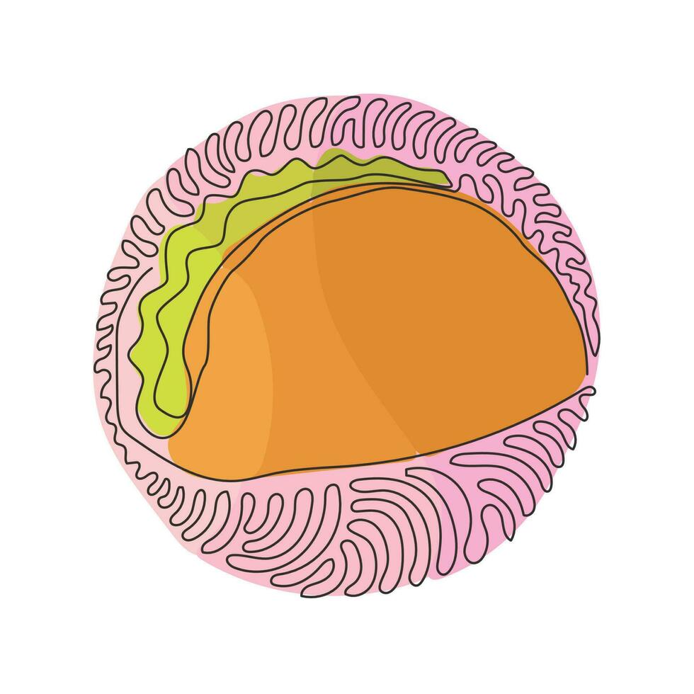 Single continuous line drawing tacos Mexican fast food with tortilla, meat, lettuce, cheese, tomato, sauce. Swirl curl circle background style. Dynamic one line draw graphic design vector illustration