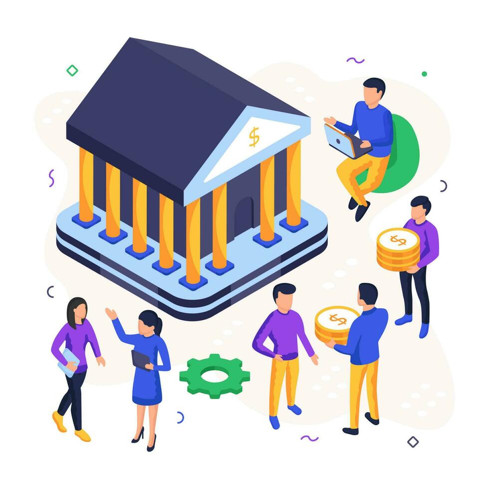An isometric design illustration of bank building vector