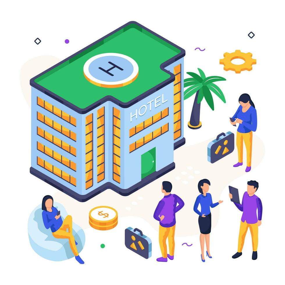 An isometric design illustration of hotel building vector