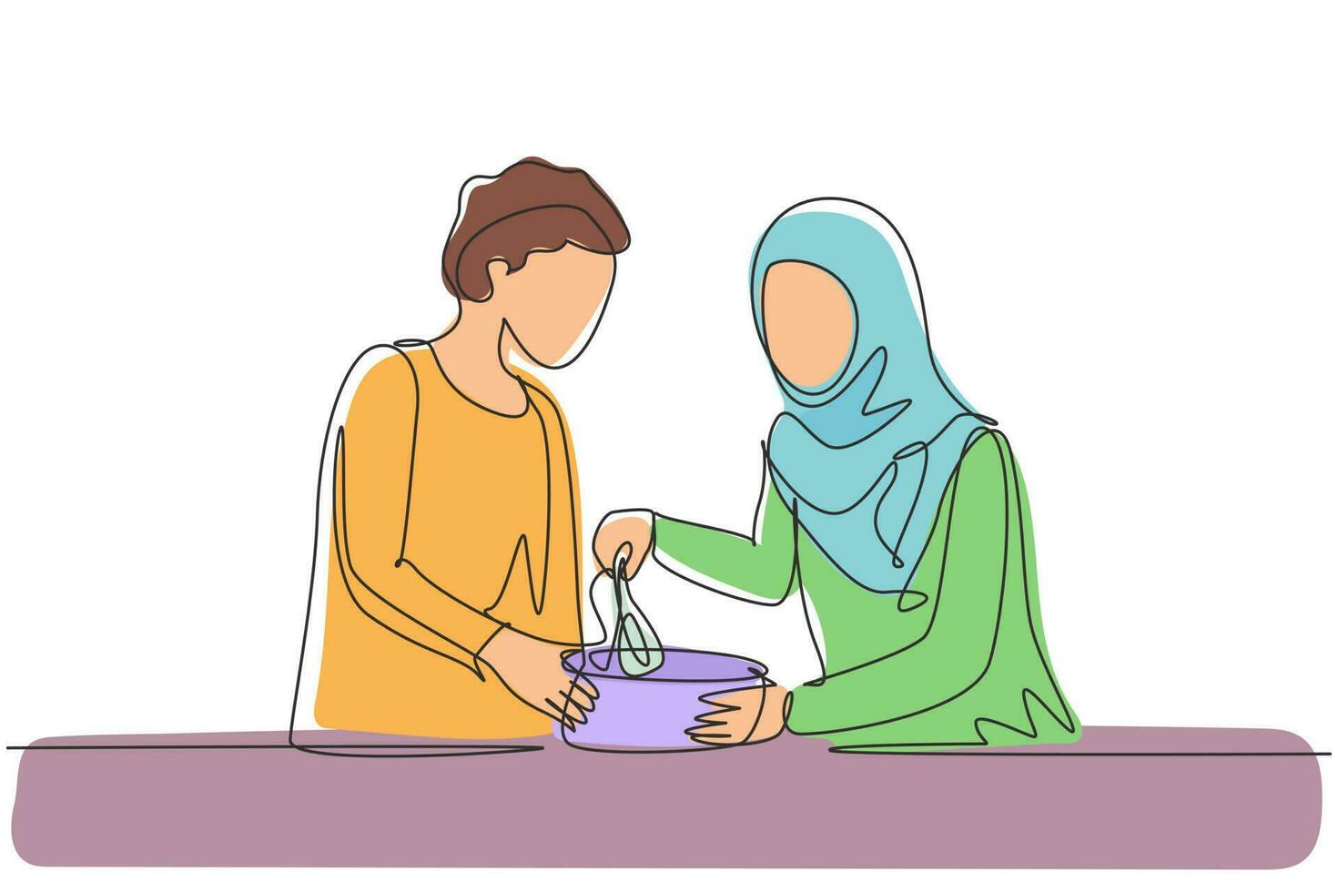 Single one line drawing romantic Arabian couple knead cake dough using manual hand mixer. Enjoying kneading cake dough together at home. Modern continuous line draw design graphic vector illustration