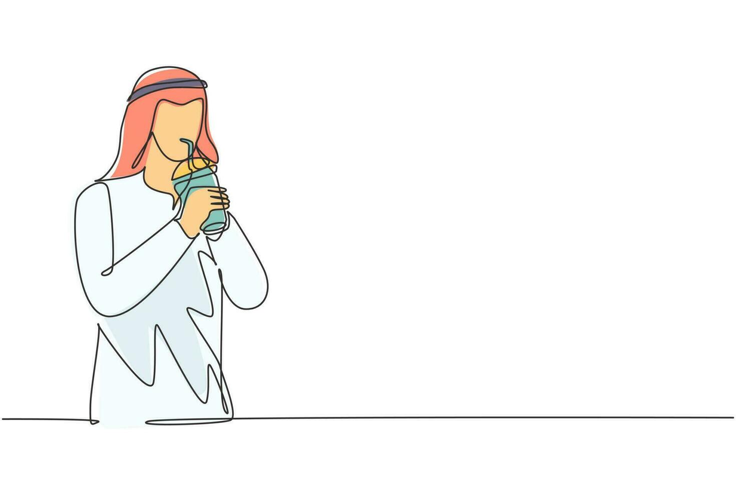 Single continuous line drawing young Arabian male hold plastic cup and drinking orange juice with straw. Make him refreshing in summer season. Dynamic one line draw graphic design vector illustration