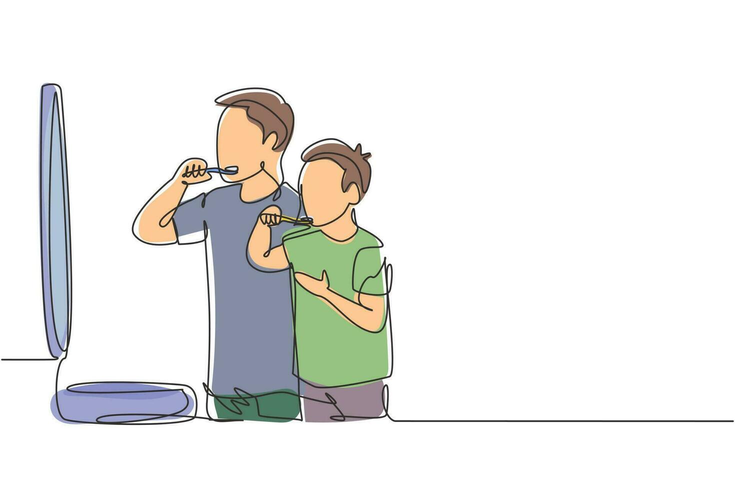 Single one line drawing smiling father and son holding toothbrushes and looking at mirror in bathroom. Habits for health of mouth and teeth. Continuous line draw design graphic vector illustration