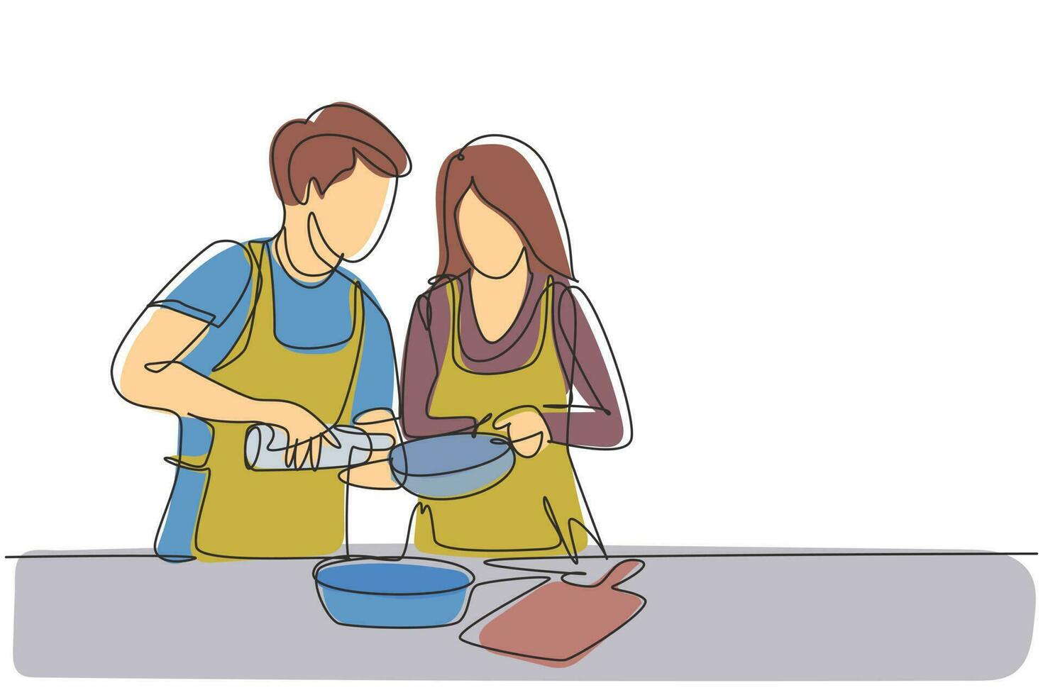 Continuous one line drawing happy romantic couple pour oil into pan which is being held by one of them. Cooking preparation in cozy kitchen at home. Single line draw design vector graphic illustration