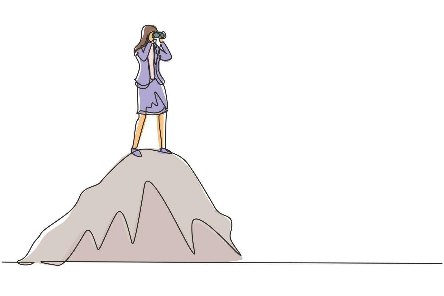 Single continuous line drawing businesswoman standing on hill while looking at binoculars. Symbol leadership, strategy, mission, objectives. Dynamic one line draw graphic design vector illustration