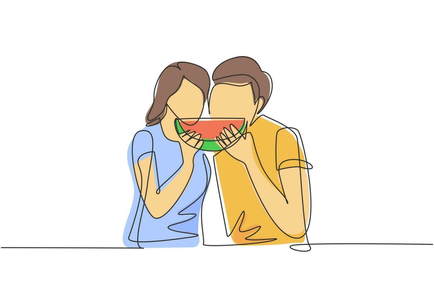Continuous one line drawing young beautiful couple sharing watermelon. Celebrate wedding anniversaries and enjoy romantic lunch at restaurant. Single line draw design vector graphic illustration
