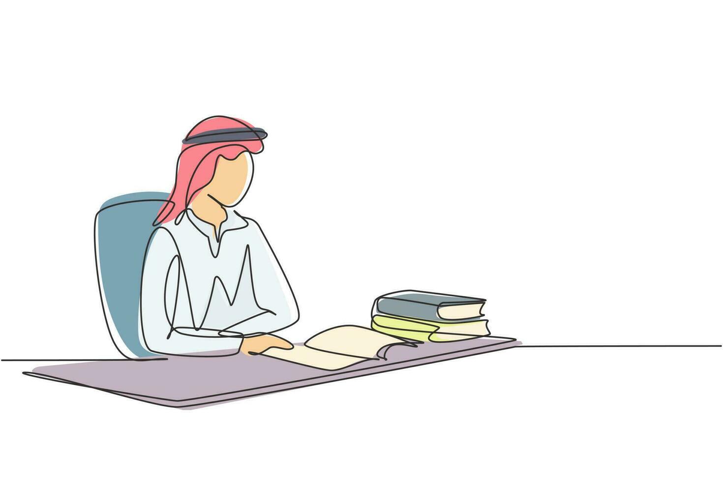 Continuous one line drawing young Arab male reading, learning and sitting on chair around table. Study in library. Smart student, education concept. Single line draw design vector graphic illustration