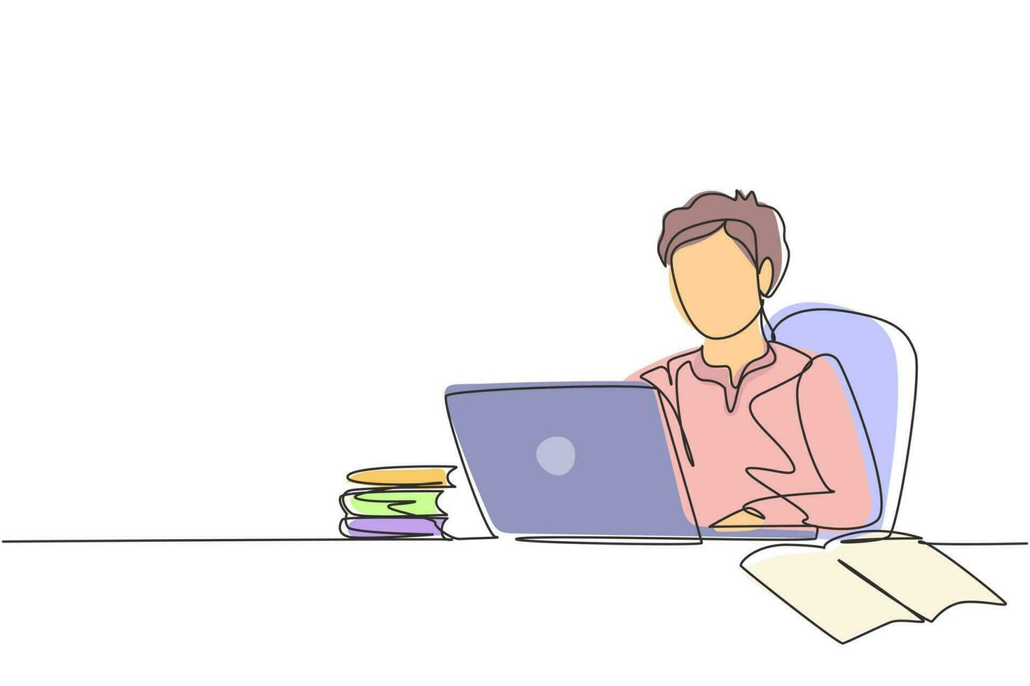 Continuous one line drawing young Arabian boy studying with laptop and pile of books. Back to school, intelligent student, online education concept. Single line draw design vector graphic illustration