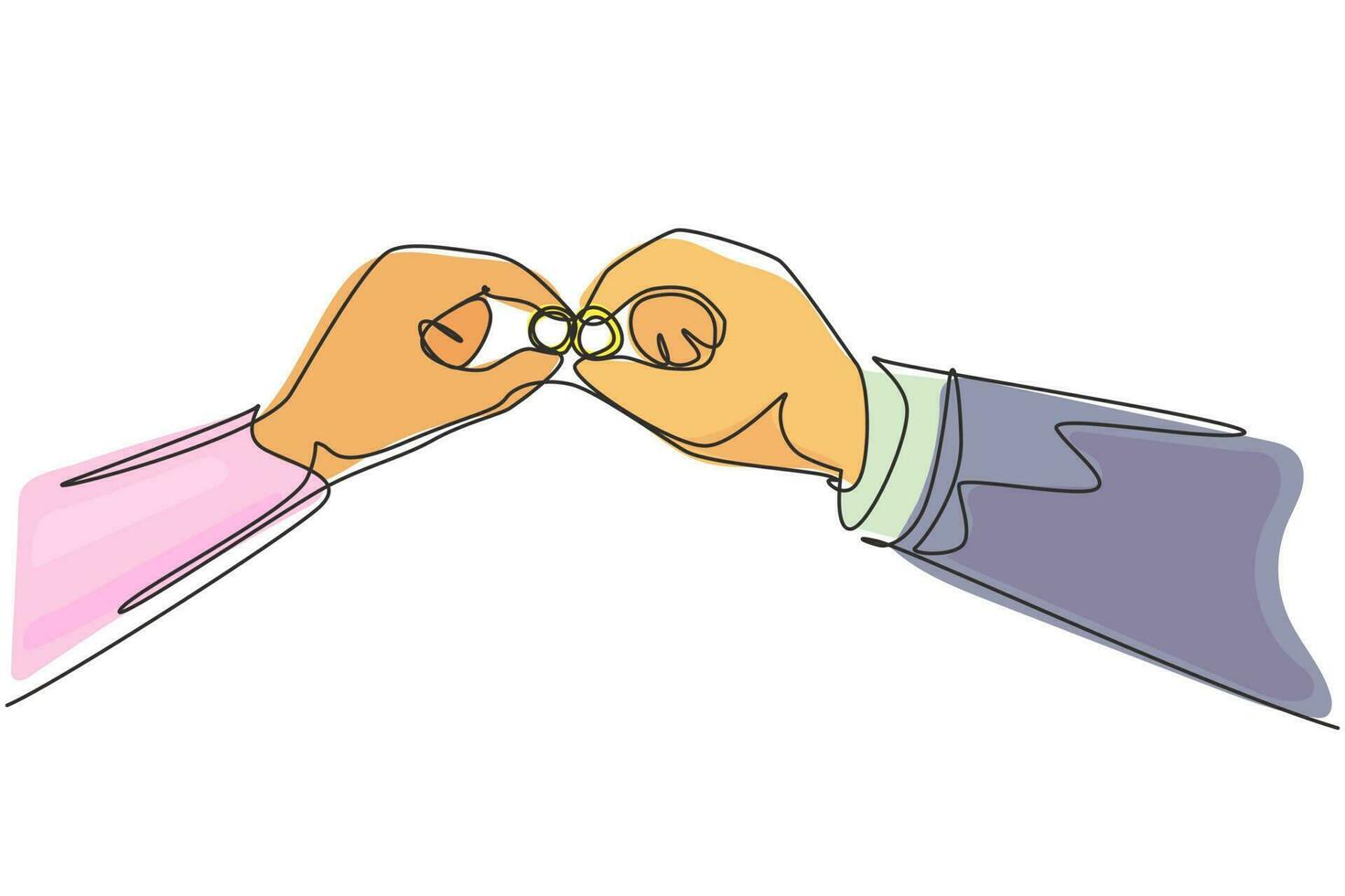 Single continuous line drawing pair of wedding rings held by groom and bride together. Bride and groom make vow of loyalty on their wedding day. One line draw graphic design vector illustration