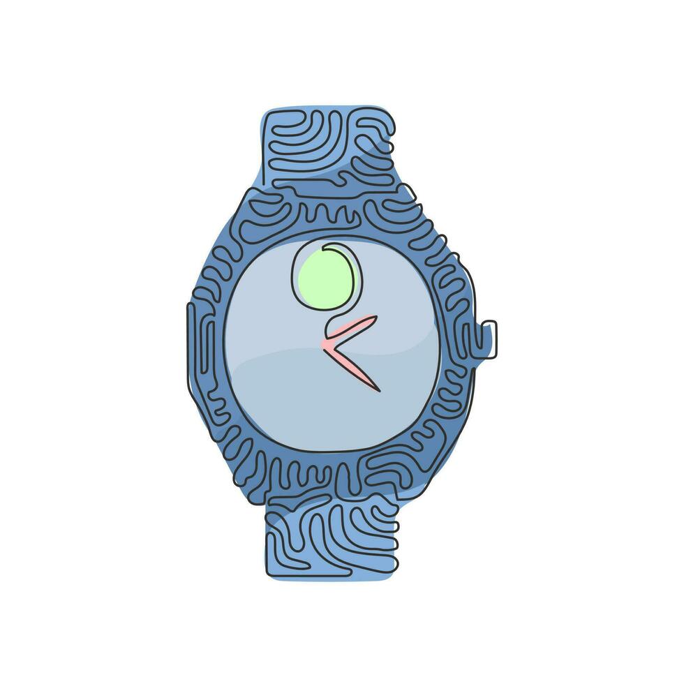 Single continuous line drawing luxury steel watch with black fabric strap. Classic silver men wrist watch with metallic watchband. Swirl curl style. One line draw graphic design vector illustration