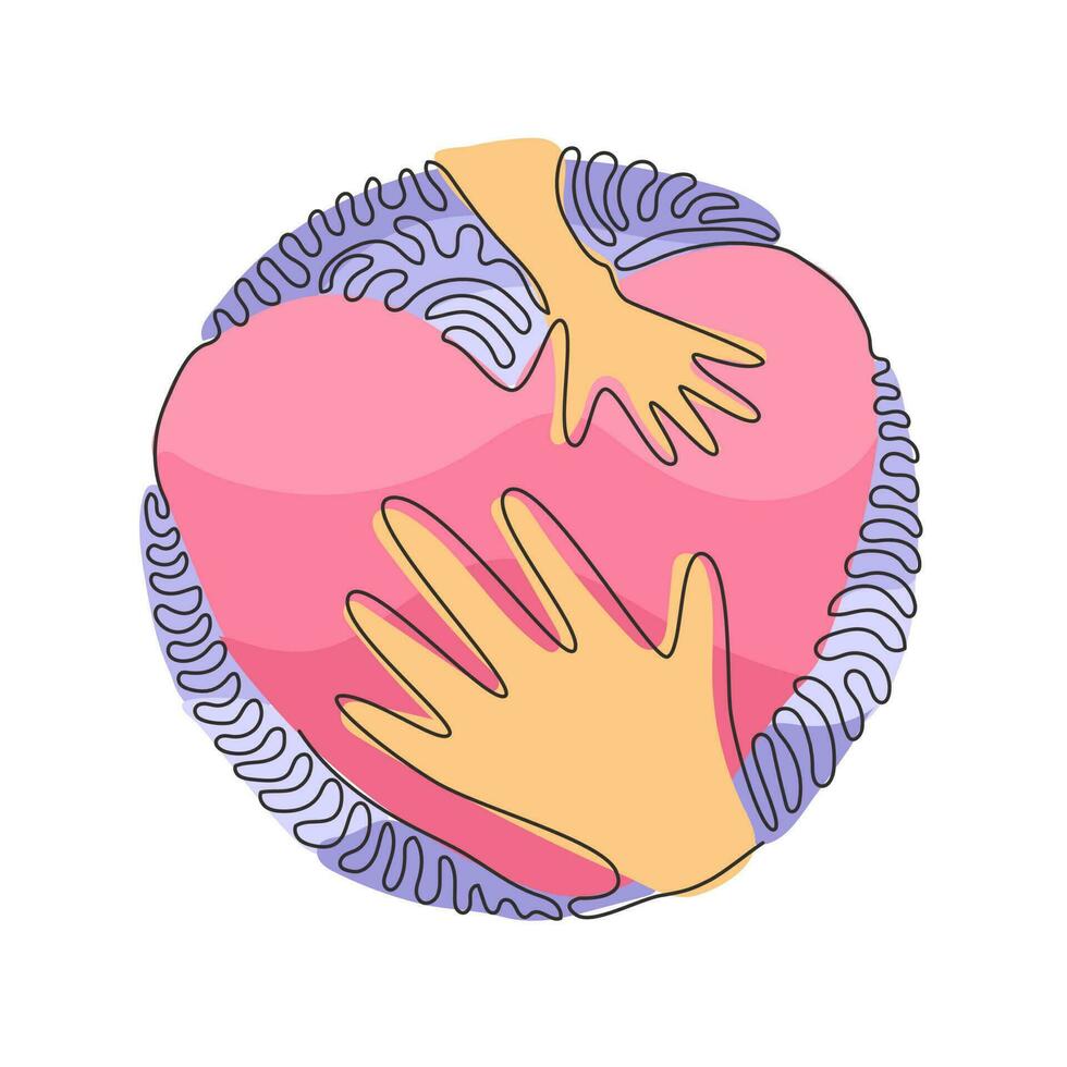 Single continuous line drawing hand touching heart, shape template. Hand touch heart for protect nature symbol. Swirl curl circle background style. Dynamic one line graphic design vector illustration