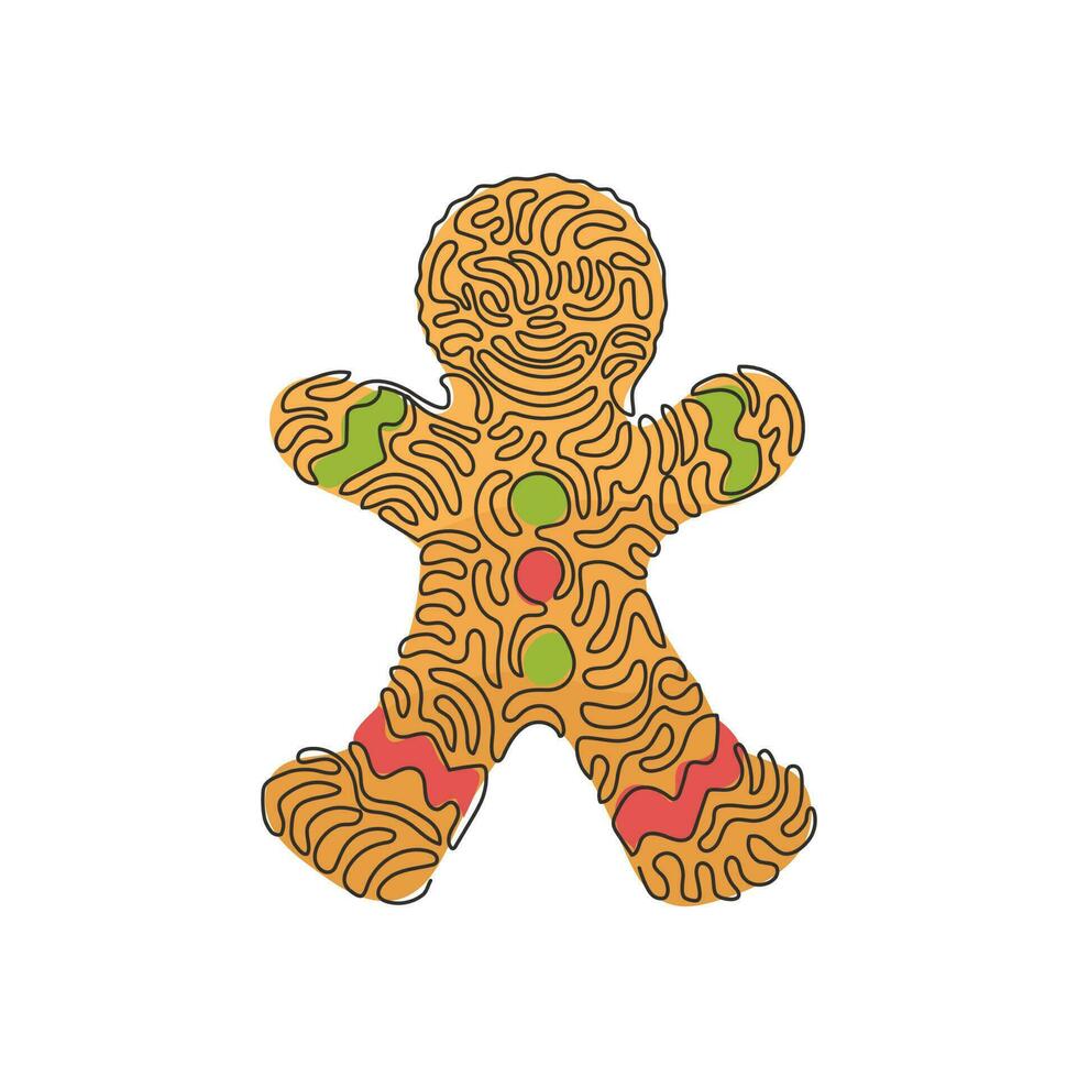 Continuous one line drawing gingerbread man icing. Cookie in shape of man. Illustration for winter holiday, cooking, new year's eve. Swirl curl style. Single line design vector graphic illustration