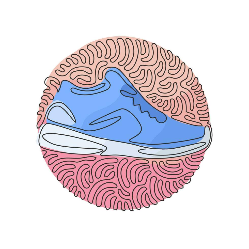 Single continuous line drawing fitness sneakers shoes for training. Sport running shoe for training and fitness. Swirl curl circle background style. One line draw graphic design vector illustration