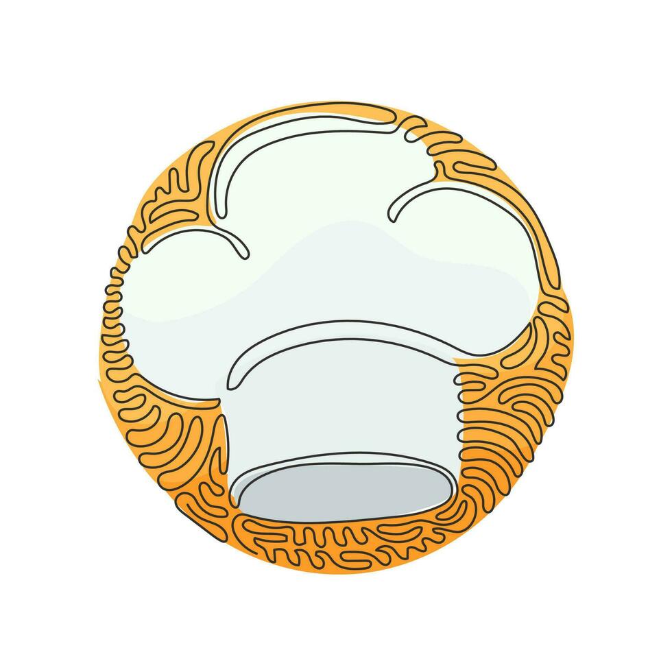 Continuous one line drawing chef hat or cap in sketch. Kitchen staff uniform headwear for restaurant or cafe. Swirl curl circle background style. Single line draw design vector graphic illustration