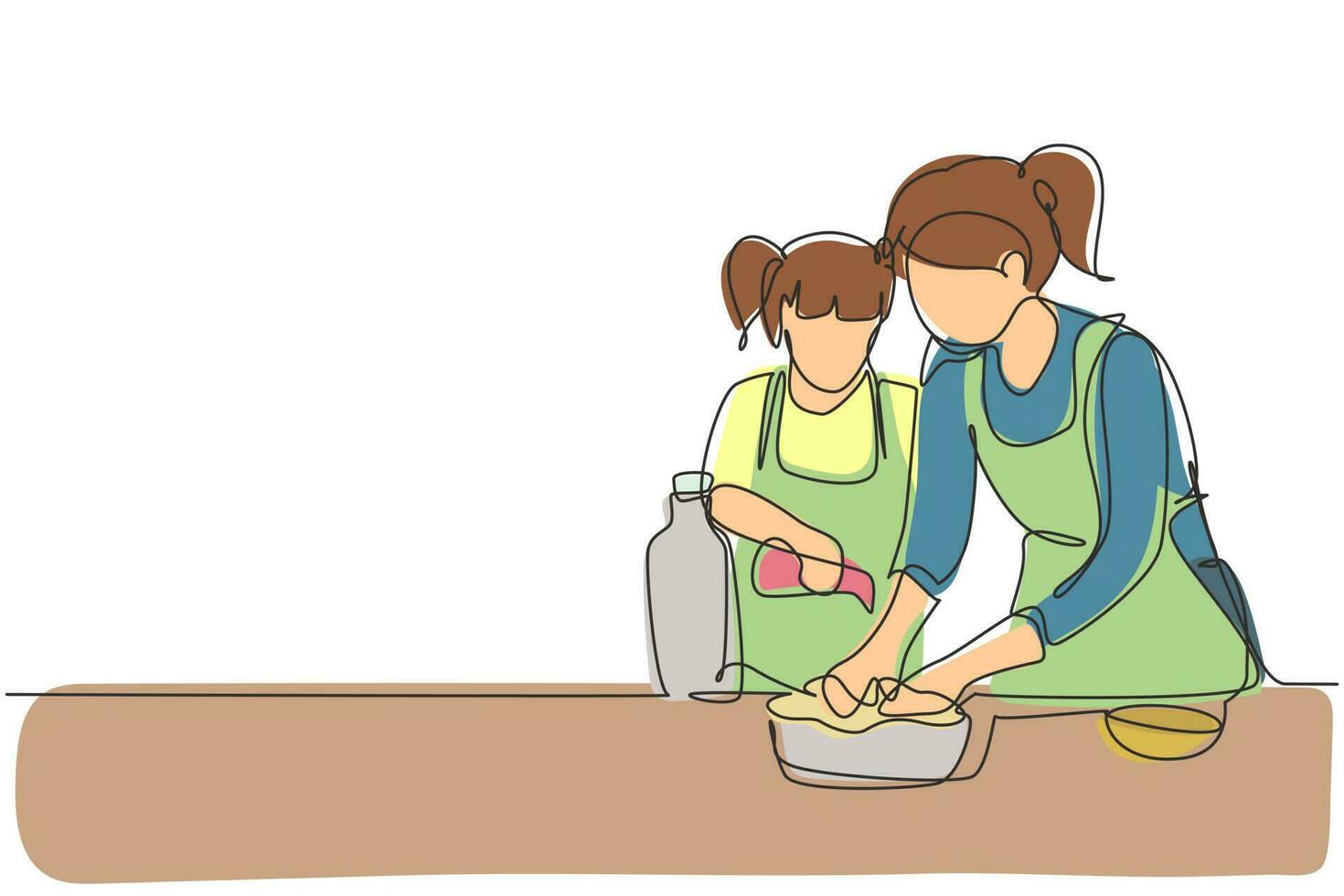 Single one line drawing cute little daughter helping her mother make dough by adding olive oil. Pastry preparation in cozy kitchen at home. Continuous line draw design graphic vector illustration