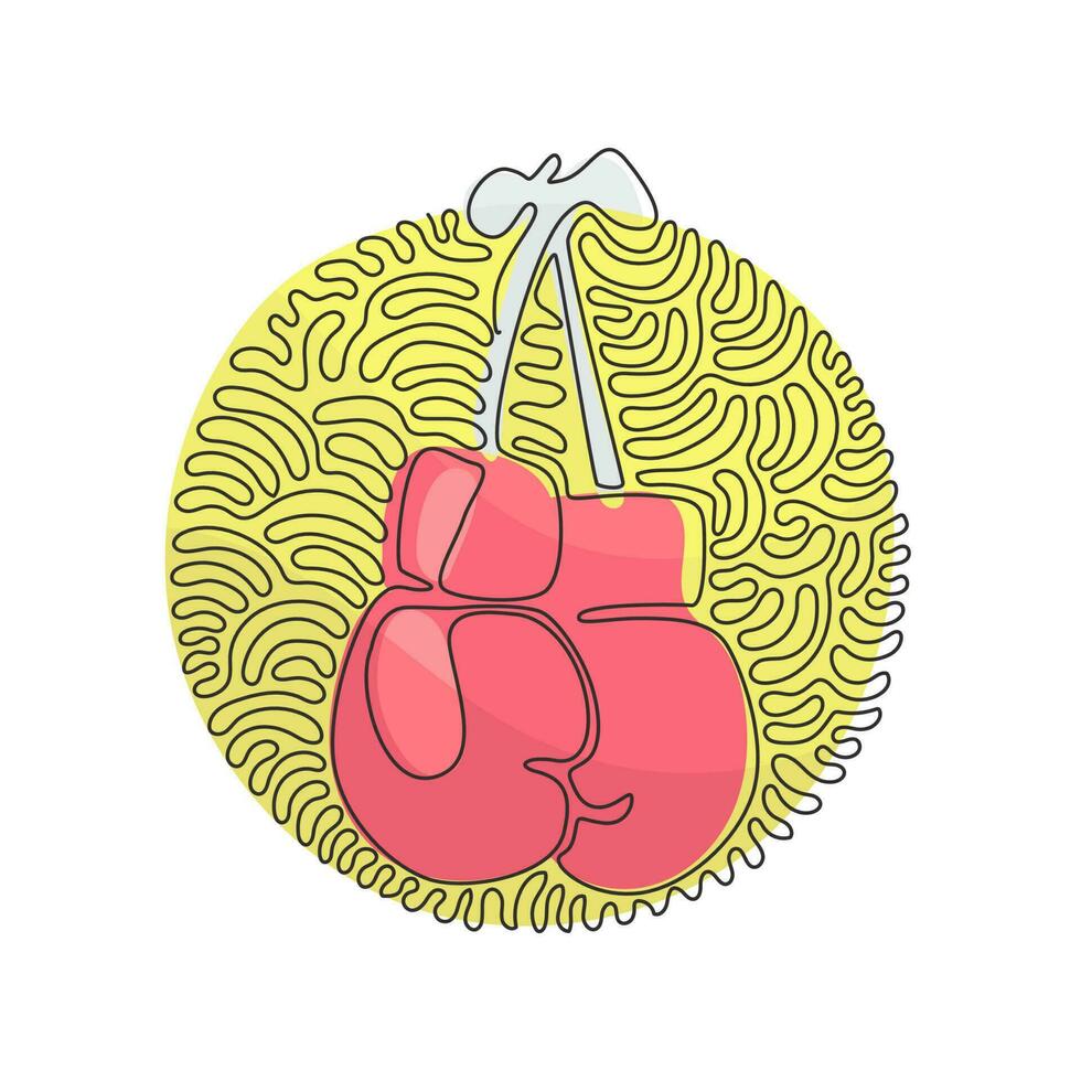 Single continuous line drawing boxing glove hanging on lace. Boxer sportswear for punch workout. Symbol of fight. Swirl curl circle background style. One line draw graphic design vector illustration