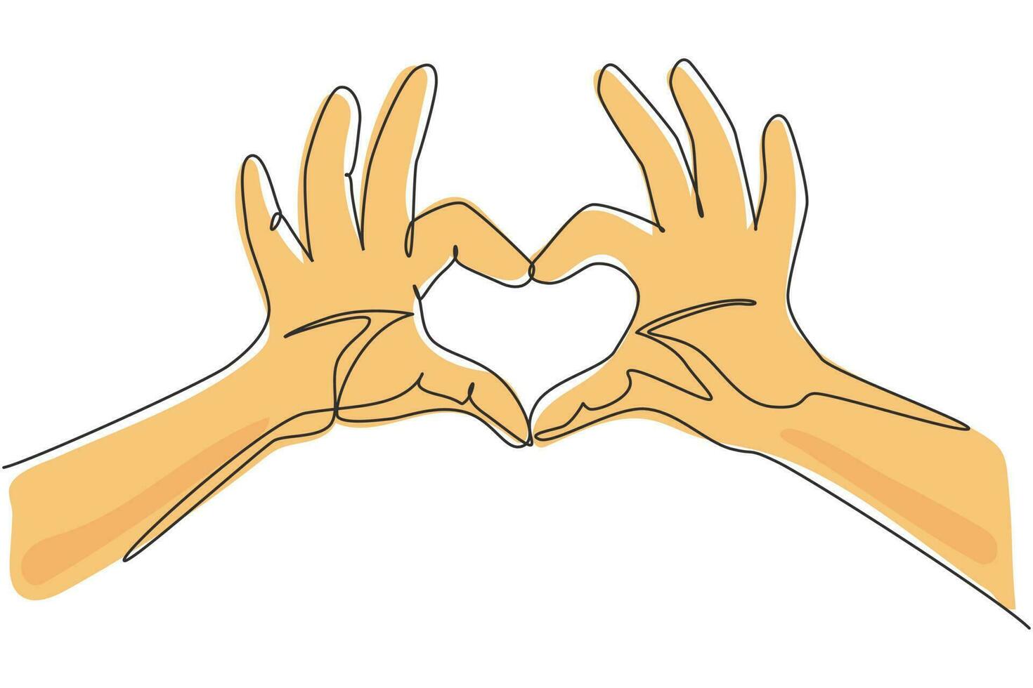 Manos de dibujo de una sola línea que hacen el signo o símbolo del corazón con los dedos. hermosas manos con espacio de copia. concepto de amor con gestos con las manos. Ilustración de vector gráfico de diseño de dibujo de línea continua moderna