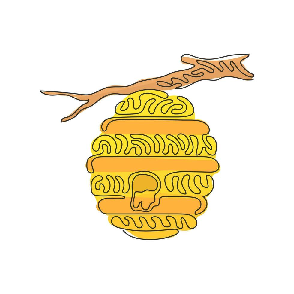 colmena de miel de dibujo de una línea continua colgando de la rama del árbol con gota de miel. casa de abeja. fuente de miel. comida sana. estilo de círculo de rizo de remolino. ilustración gráfica de vector de diseño de línea única