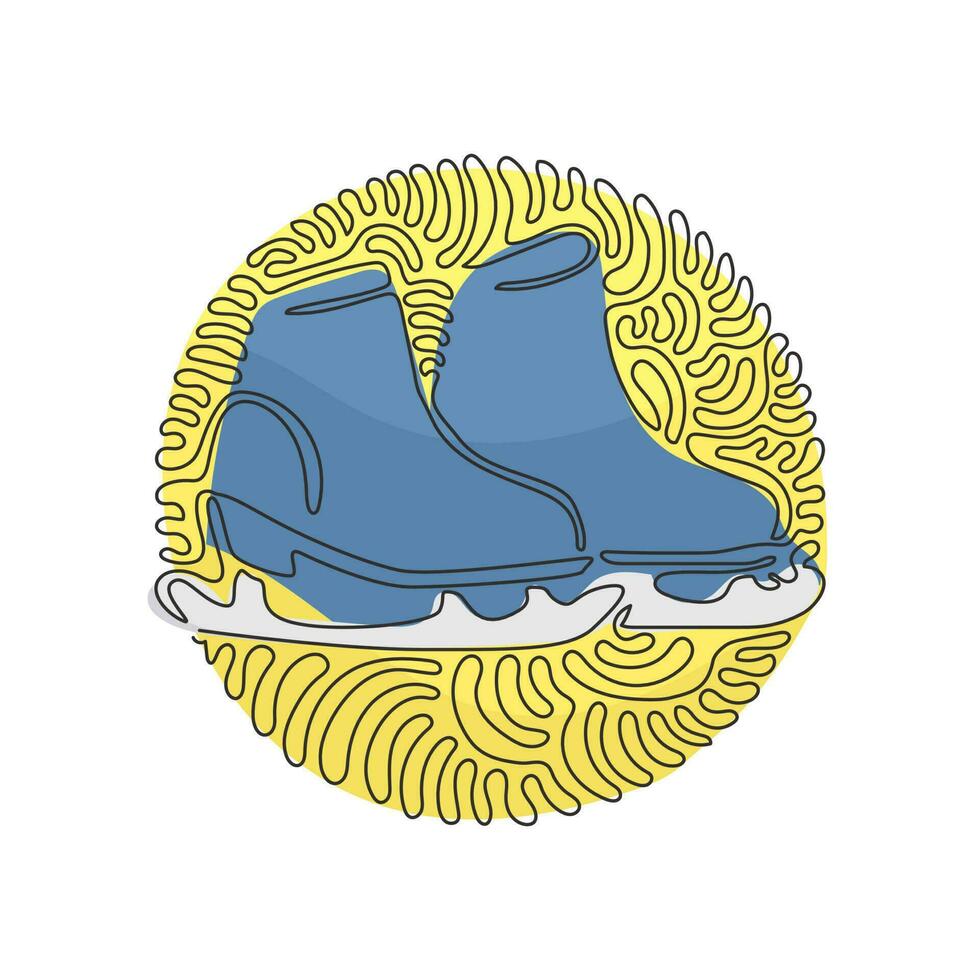 Single continuous line drawing pair of figure skates. White women Ice skates. Ice skating outdoor winter activities with family. Swirl curl circle background style. One line draw graphic design vector