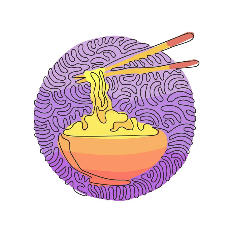 Single continuous line drawing noodle in bowl. Asian ramen, traditional Chinese restaurant with pasta and chopsticks. Swirl curl circle background style. One line graphic design vector illustration