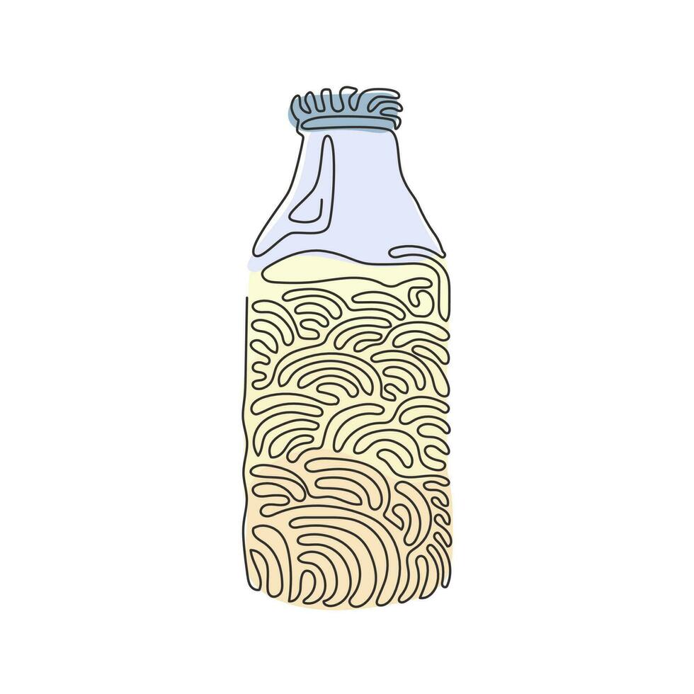 Single continuous line drawing closed glass bottle of natural milk. Bottle of fresh milk cow. Dairy product used in breakfast. Swirl curl style. Dynamic one line graphic design vector illustration