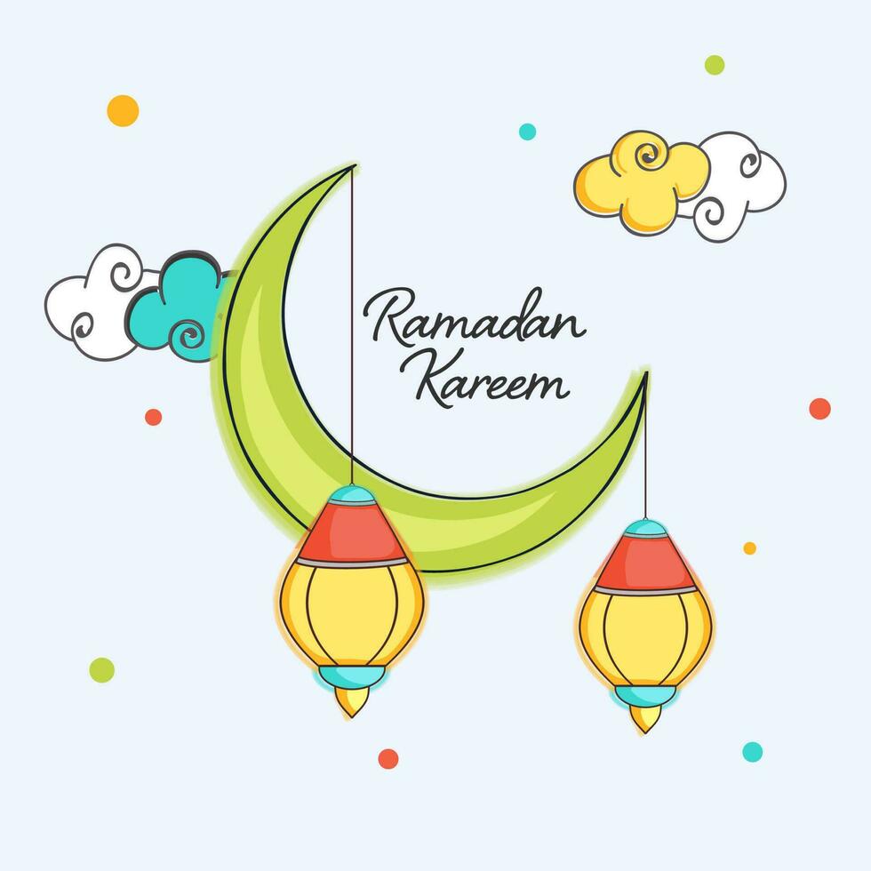 Ramadan Kareem Concept With Crescent Moon, Hanging Lanterns And Clouds On Light Blue Background. vector