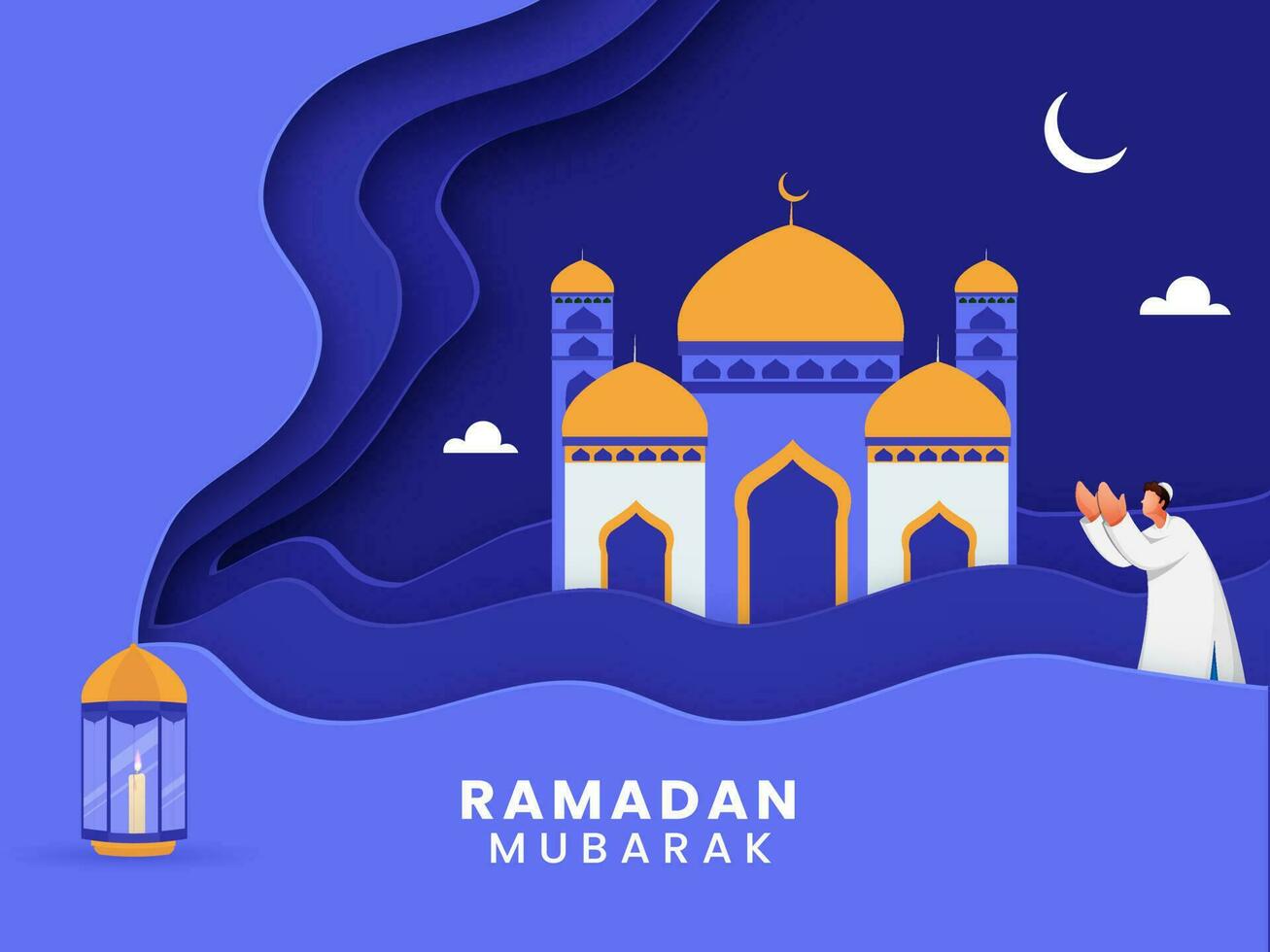 Ramadan Mubarak Concept With Muslim Man Offering Namaz, Lit Lantern, Crescent Moon And Mosque On Blue Paper Layer Cut Background. vector