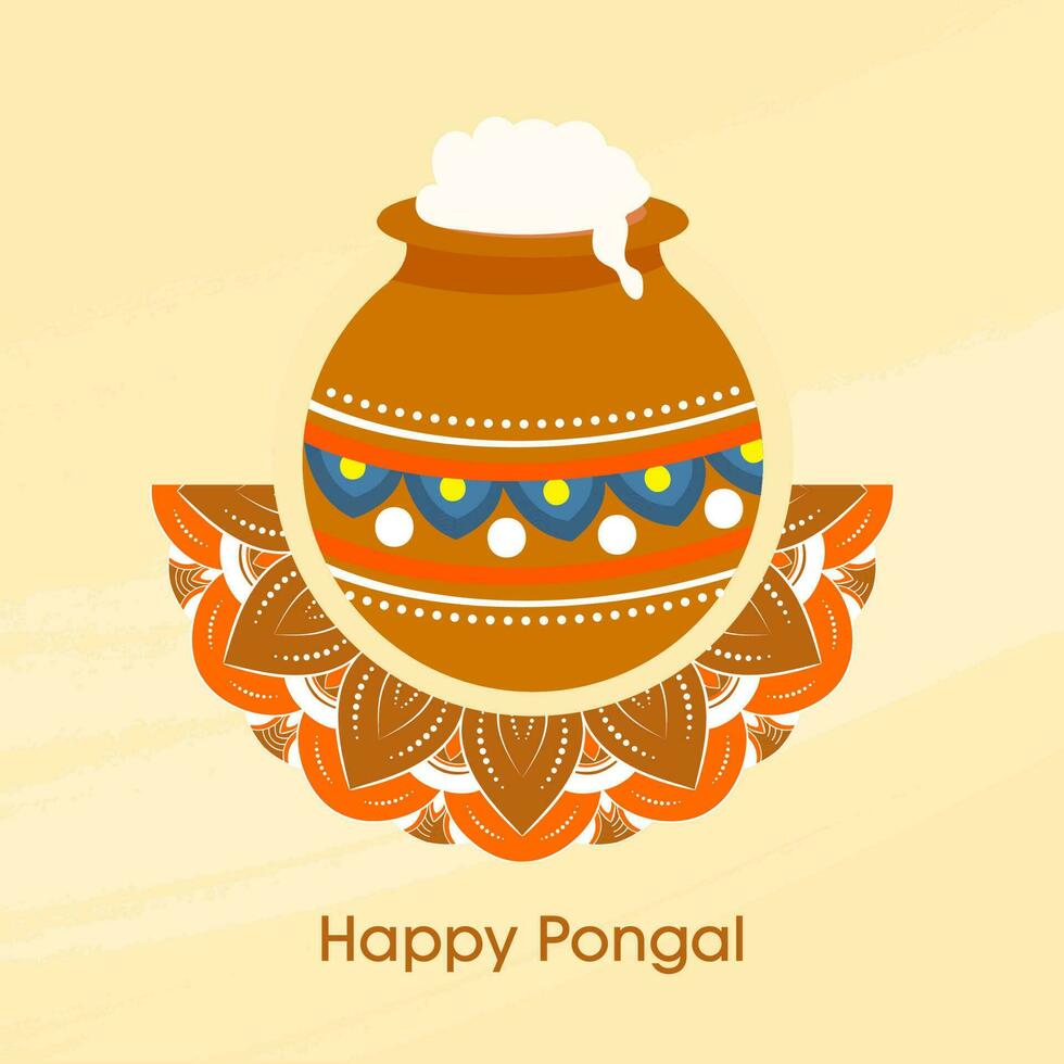 Happy Pongal Celebration Concept With Traditional Dish In Mud Pot Over Rangoli On Yellow Background. vector