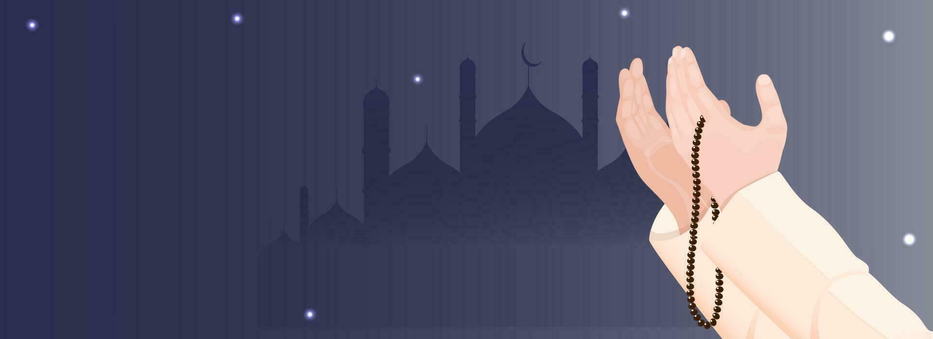 Illustration Of Muslim Praying Hands With Tasbih On Blue Silhouette Mosque Background. vector