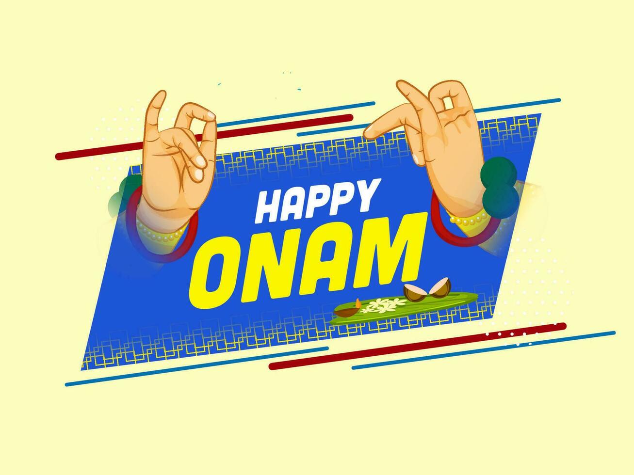 Happy Onam Festival Poster Design With Kathakali Dancer Hands Step On Blue And Yellow Background. vector