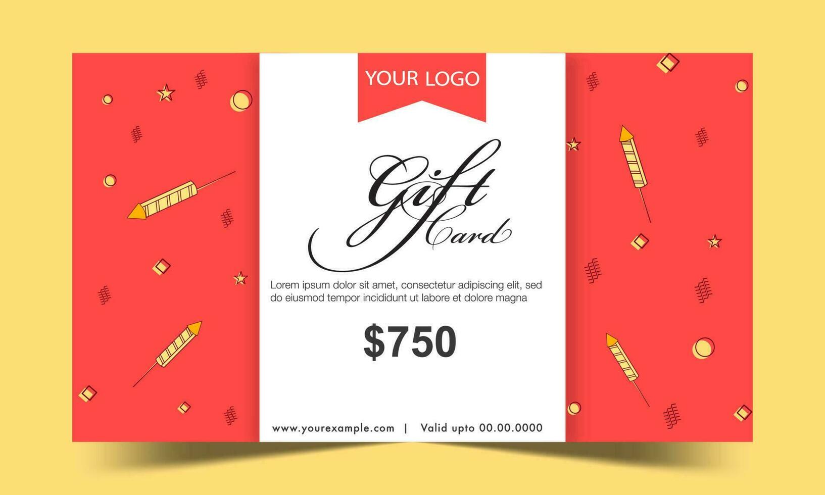 Orange And White Gift Card Or Voucher Design With Fireworks Rocket. vector