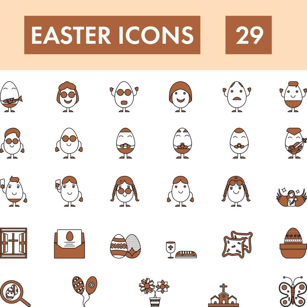 Easter Icon Set In Peach And White Color. vector