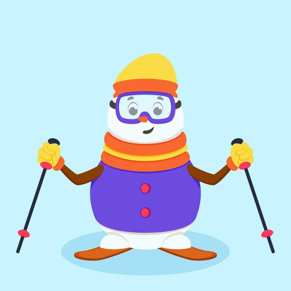 Cartoon Snowman Skiing On Blue Background. vector