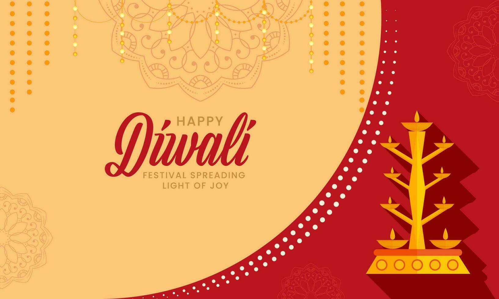 Happy Diwali Celebration Banner Design With Lit Oil Lamps Stand On Pastel Orange And Red Background. vector