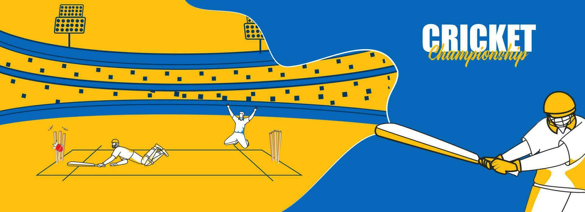 Concept Of Run Out Batsman With Cheering Bowler Player On Yellow And Blue Stadium Background For Cricket Championship. vector