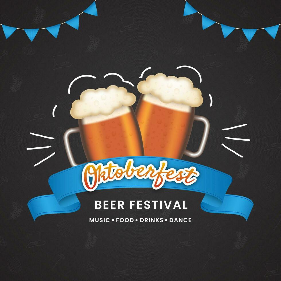 Oktoberfest Festival Invitation, Poster Design With Glossy Beer Mugs And Bunting Flags On Black Background. vector