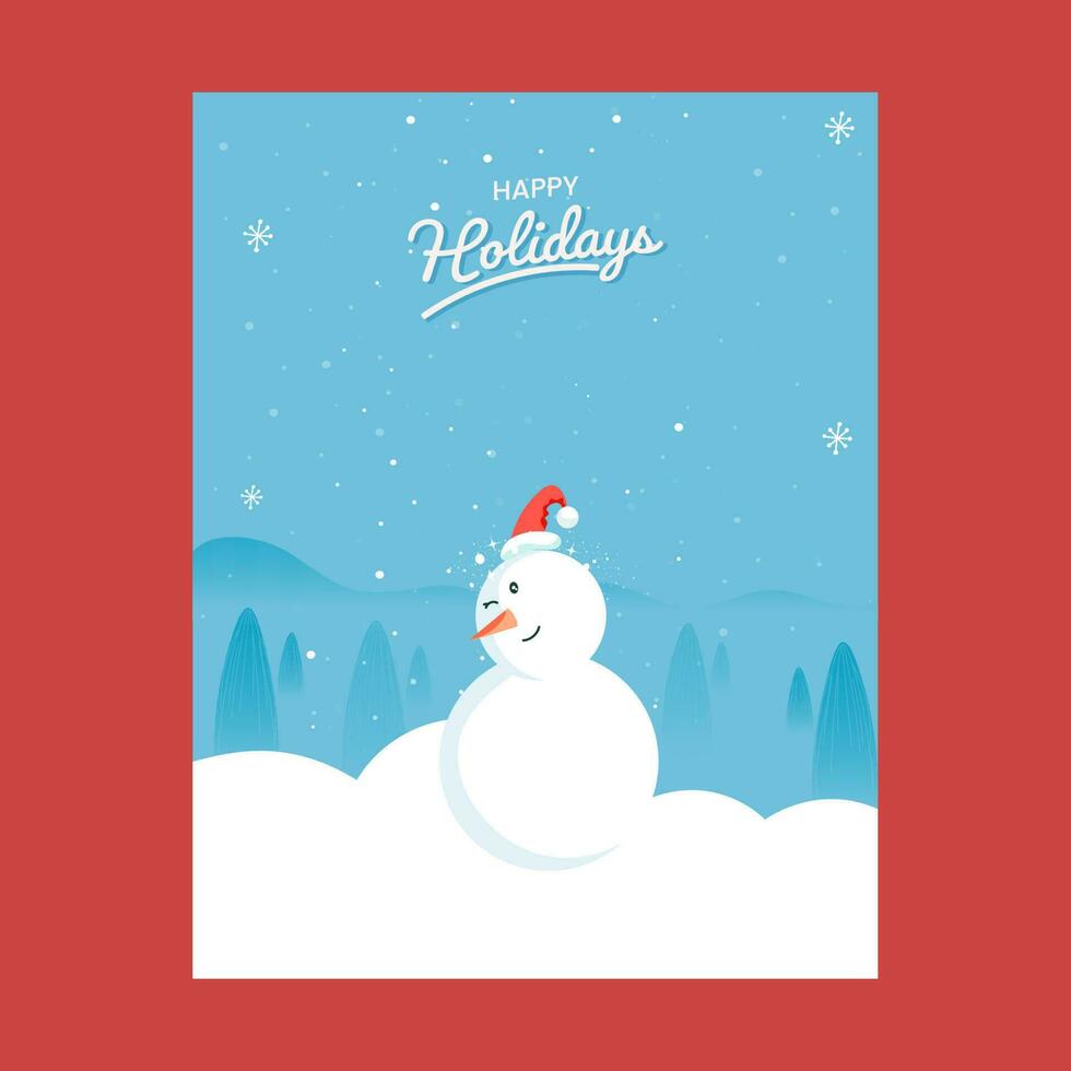 Happy Holidays Greeting Card With Cartoon Snowman, Xmas Trees On Blue Falling Snow Background. vector