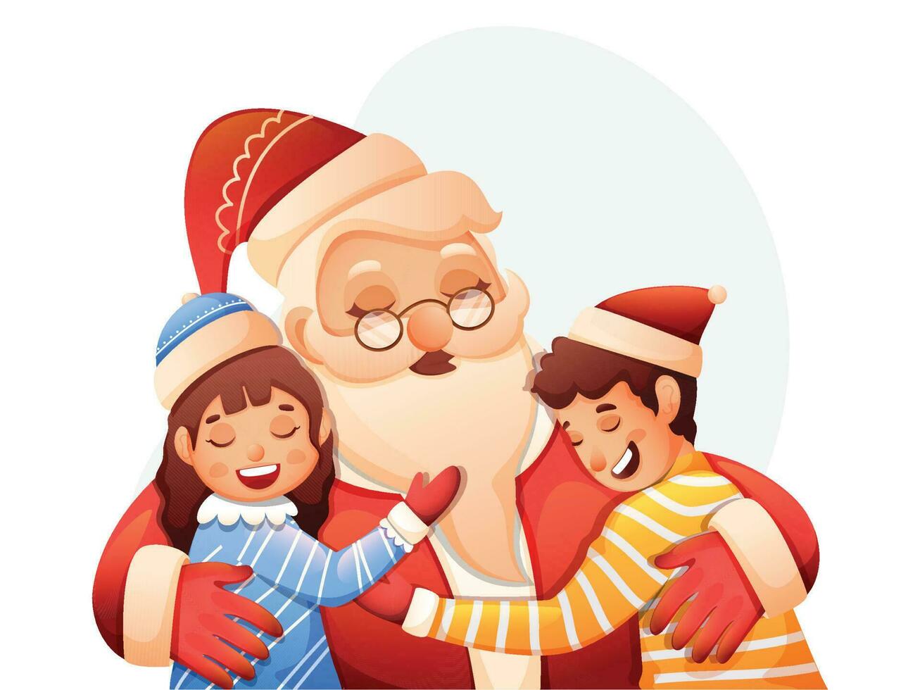 Cartoon Santa Claus Hugging Kids On White Background. vector
