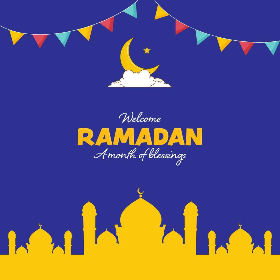 Holy Month Of Islamic Festival Ramadan Concept With Yellow Silhouette Mosque, Crescent Moon, Star And Bunting Flags On Blue Background. vector