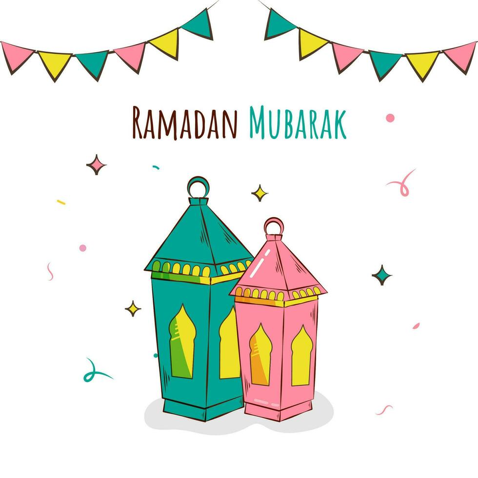 Ramadán Mubarak concepto con Arábica linternas y verderón banderas en blanco antecedentes. vector