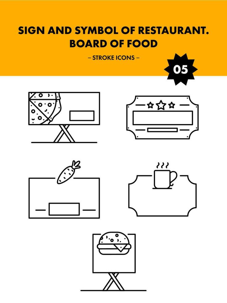 Black Line Art Restaurant Board Icon Set On White Background. vector