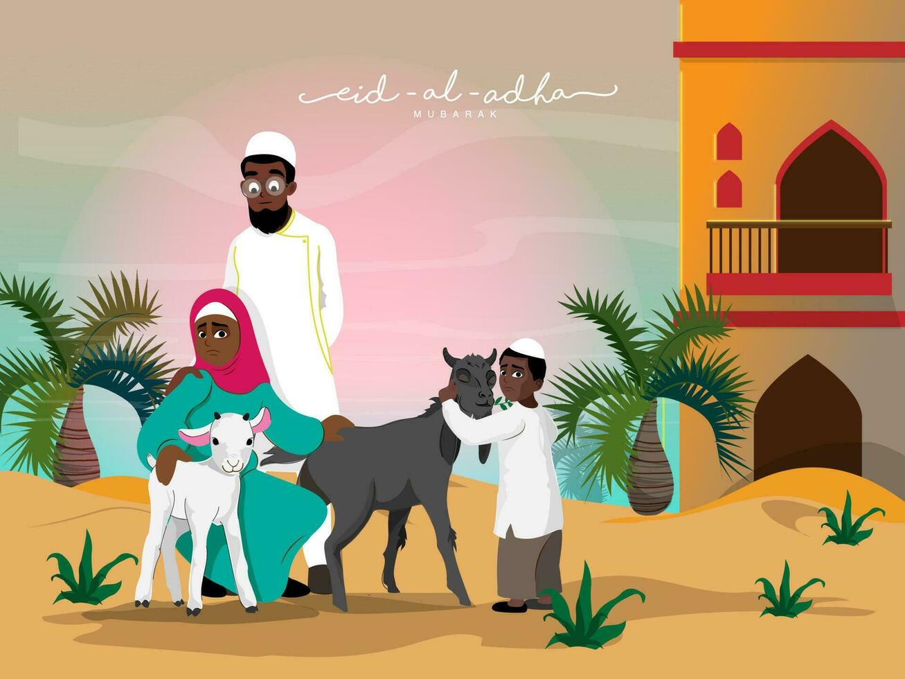 islámico festival Eid al-Adha Mubarak concepto con musulmán familia participación cabras en frente de su casa. vector