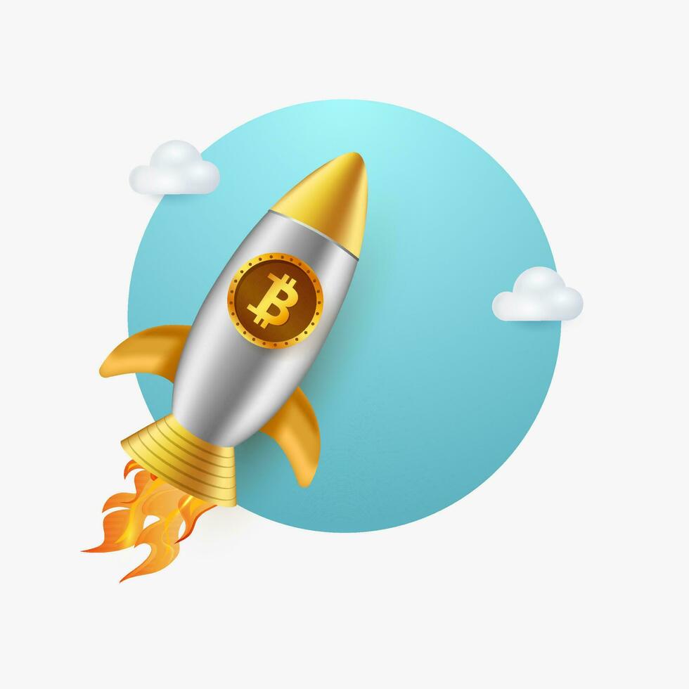 3D Illustration Of Bitcoin Rocket Flying With Clouds On White Background. vector